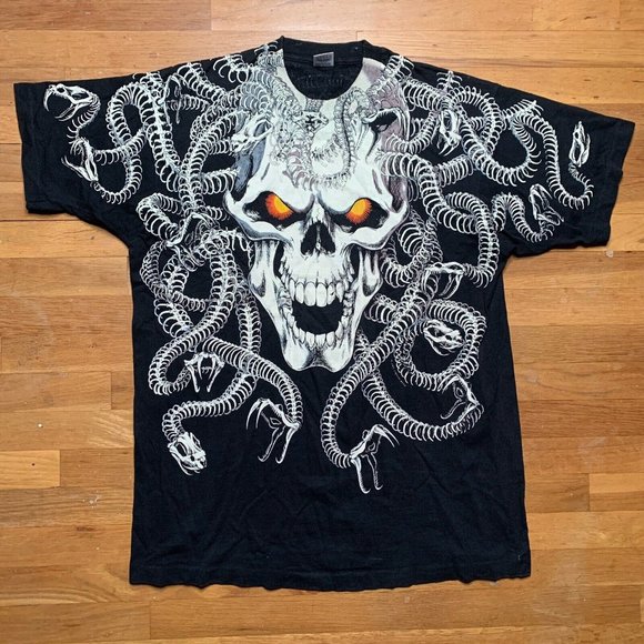 Vintage Liquid Blue Medusa Skull Snake All Over Print T-Shirt Size XL 19… - Picture 2 of 8